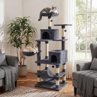 PETSITE 66 Inches Tall Cat Tree, Multi-Level Cat Tower with Sisal Scratching Posts, Side Basket, 2 Comfy Condos, Hammock, Soft Padded Top Perch, and Hanging Balls, Ideal for Indoor Cats (Dark Grey) - color: Dark Grey