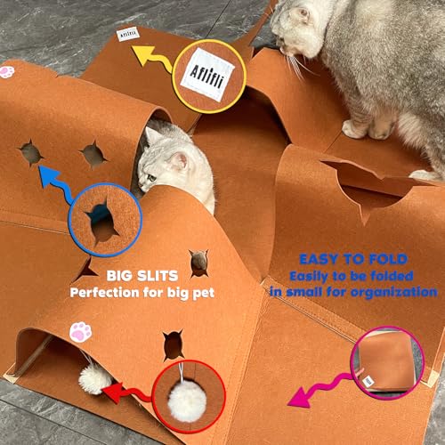 Interactive Cat Tunnel Mat for Indoor Cats, 4-Way Felt Cat Cave with Hanging Ball, Foldable Kitty Play Mat and Hideout, Pet Enrichment Toy for Kittens, Rabbits, Small Pets - color: Brown