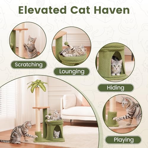 Cat Tree Tower with Scratching Post, Indoor 36in Medium Kitty Climbing Frame with Perch, Cave, Ball Toys, Multi Functional Kitten Climber and Scratcher, Stable Stand and Space Saving Design