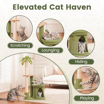 Cat Tree Tower with Scratching Post, Indoor 36in Medium Kitty Climbing Frame with Perch, Cave, Ball Toys, Multi Functional Kitten Climber and Scratcher, Stable Stand and Space Saving Design