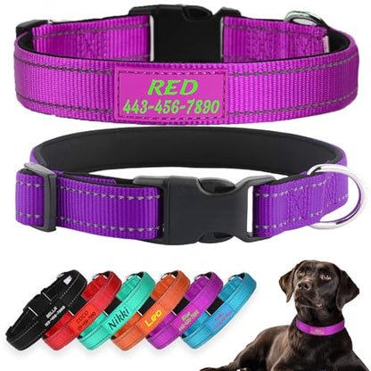 Personalized Dog Collars, Reflective Nylon Custom with Pet Name and Phone Number,Adjustable 5 Sizes and 3 Fonts Soft Neoprene Padded Dog Collar for Boy Girl Puppies Dogs,Purple - color: Purple