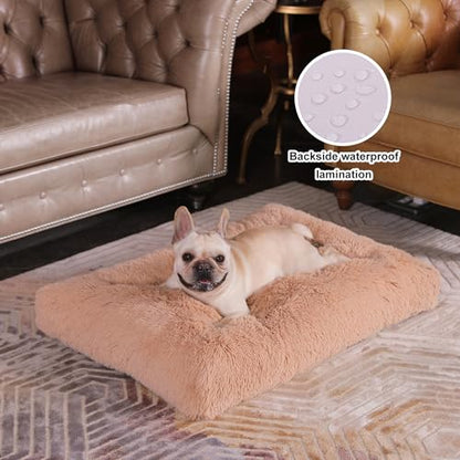 Bedfolks Plush Waterproof Dog Crate Bed, Removable Washable Cover, Faux Fur Pad for Medium Dogs, 29"x21", Camel - color: Solid Camel, size: Medium(29x21'')