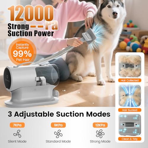 AIRROBO Dog Grooming Vacuum and Kit with Clipper Nail Trimmer Grinder, 12000Pa Pet Vacuum for Shedding Grooming, 2L Large Capacity Dog Hair Vacuum with 8 Pet Grooming Tools, PG100 Plus - color: Light Gray-8-in-1