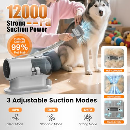 AIRROBO Dog Grooming Vacuum and Kit with Clipper Nail Trimmer Grinder, 12000Pa Pet Vacuum for Shedding Grooming, 2L Large Capacity Dog Hair Vacuum with 8 Pet Grooming Tools, PG100 Plus - color: Light Gray-8-in-1