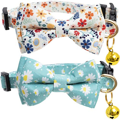 Faygarsle 2 Pack Cotton Designer Breakaway Cats Collar with Bow Tie and Bell Cat Collars for Girl Female Cat Collar with Bell Collars for Cats Flower Pattern - color: Flower