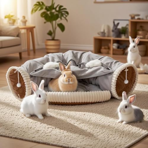 VelvetPaw Gray 2-in-1 Collapsible Rabbit Tunnel Bed | Removable Washable Pet Cushion | Cozy Hideout & Play Toy for Rabbits, Bunnies & Kittens - Indoor Rest, Exercise & Entertainment - color: Gray