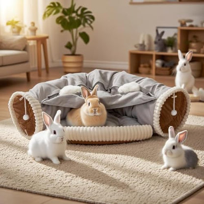 VelvetPaw Gray 2-in-1 Collapsible Rabbit Tunnel Bed | Removable Washable Pet Cushion | Cozy Hideout & Play Toy for Rabbits, Bunnies & Kittens - Indoor Rest, Exercise & Entertainment - color: Gray
