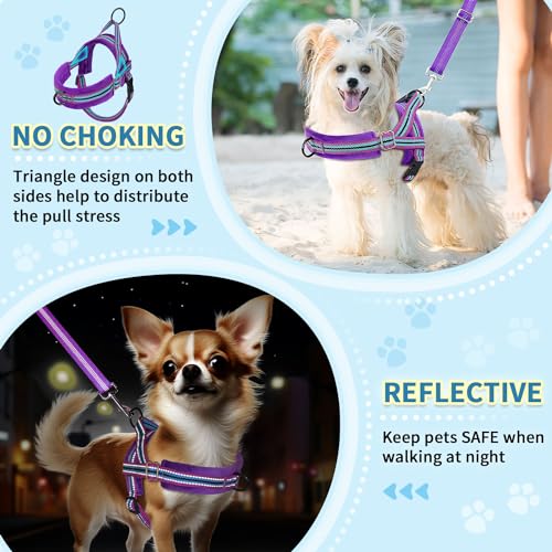 SlowTon No Pull Small Dog Harness and Leash Set, Puppy Soft Vest Harness Neck & Chest Adjustable, Reflective Lightweight Harness & Anti-Twist Pet Lead Combo for Small Medium Dogs (PU-Front Clip, XS) - color: B-Purple - With Front Clip, size: X-Small