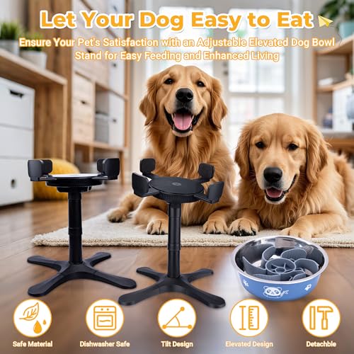 Elevated Slow Feeder Dog Bowl Adjustable Stand,Tilted ABS Base,Fits 5.5-9.5" Bowls, Anti-Spill & Non-Slip, Heavy Duty for Med/Large Dogs(with Stainless Steel Bowls 2 Pack) - size: B -Slow Feeder Insert 2