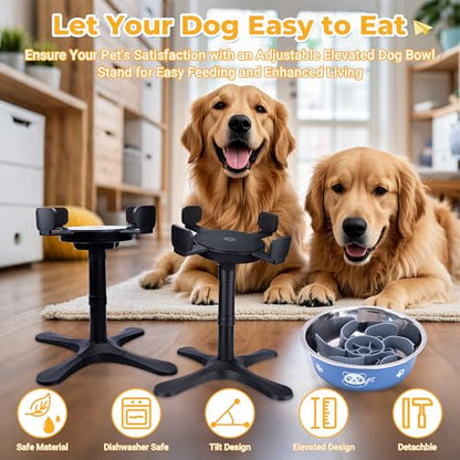 Elevated Slow Feeder Dog Bowl Adjustable Stand,Tilted ABS Base,Fits 5.5-9.5" Bowls, Anti-Spill & Non-Slip, Heavy Duty for Med/Large Dogs(with Stainless Steel Bowls 2 Pack) - size: B -Slow Feeder Insert 2
