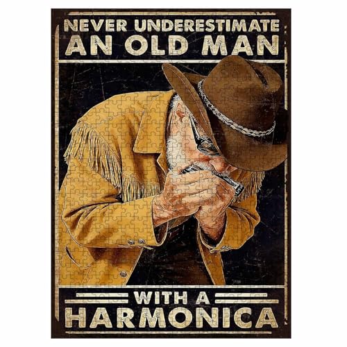 1000 Pieces Jigsaw Puzzles for Adults, Never Underestimate an Old Man with A Harmonica Cowboy Art Puzzle, Stress Relief Concentration Training Brain Teaser Puzzle 29.5x19.7 Inch - color: Wooden Puzzle14, size: 1000 Piece pcs