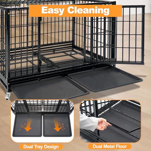 Homey Pet Heavy Duty Dog Crate for Large Dogs, 47 Inch Stackable Large Dog Cage with 4 Wheels, 2 Removable Trays and Grids, Multi Locks Strong & Solid Escape Proof Dog Kennel Indoor - size: 46.5"L x 28.5"W x 35"H