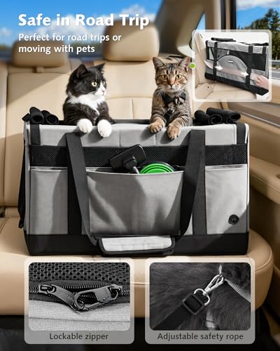 Pecute Dual Compartment Pet Carrier for Multi-Cat Families & Small Dog Owners, Collapsible Dog Crate with Reinforced Steel Frame, Car Safety Design for Travel, Vet Visits & Home Use, Gray - color: Grey