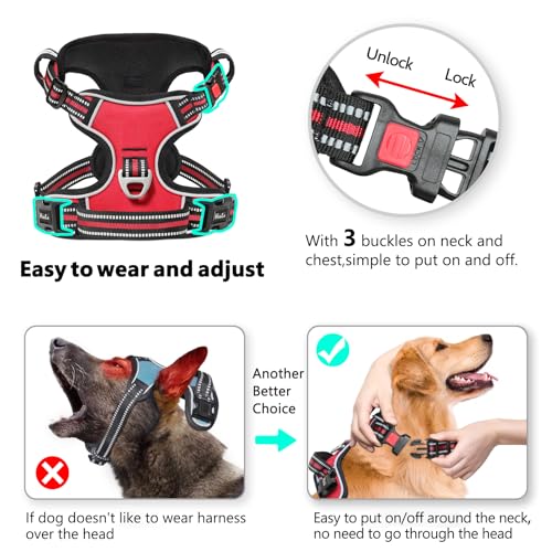 Dog Harness Small Sized, No Pull with Neck Lockable Snap,No Choke Front Clip Dog Reflective Harness,Adjustable Metal Rings 3 Buckles,Easy Control Handle for Small Dogs Red S - color: Lock Red, size: Small (Pack of 1)