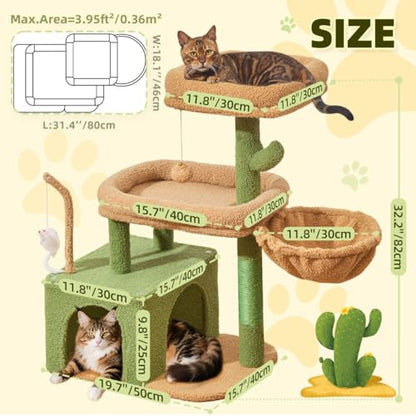 Taoqimiao MS043T Cat Tree, 32.2-Inch Cat Tower for Indoors Cats, Cat Condo with Large Cat Perch, Spacious Cat Cave, Scratching Posts for Small and Medium Cats, Cactus - color: Cactus