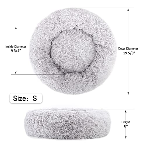 Calming Donut Dog Bed for Small to Medium Dogs & Cats - Plush Faux Fur Anti-Anxiety Pet Bed with Machine Washable Cover & Non-Slip Base - color: Light gray, size: Small 19.6''