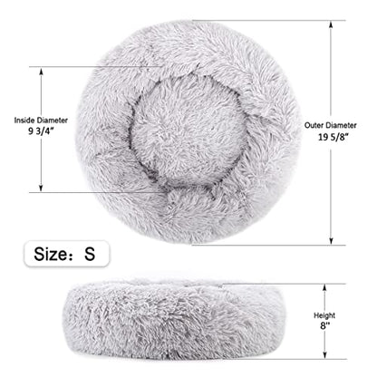 Calming Donut Dog Bed for Small to Medium Dogs & Cats - Plush Faux Fur Anti-Anxiety Pet Bed with Machine Washable Cover & Non-Slip Base - color: Light gray, size: Small 19.6''