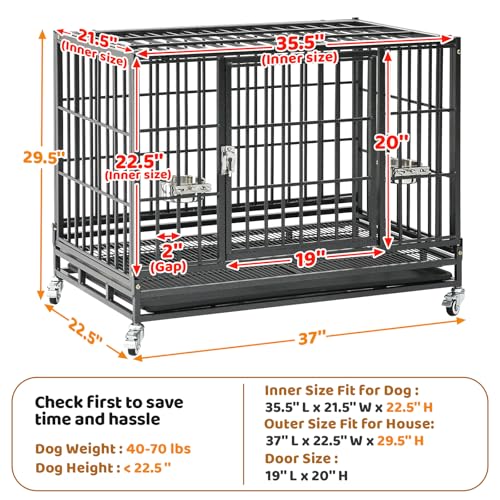 Homey Pet 37 Inch Heavy Duty Dog Crate for Medium Dogs, Stackable Dog Cage with Four Lockable Wheels, Removable Tray & Grid, Open Top, Escape Proof Dog Kennel Indoor - size: 37"L