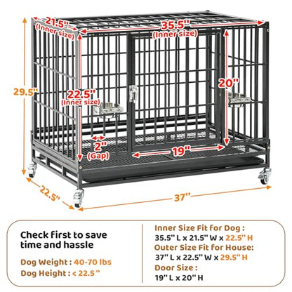 Homey Pet 37 Inch Heavy Duty Dog Crate Indestructible, Collapsible Dog Cage with Lockable Wheels, Removable Tray, High Anxiety Dog Kennel Indoor, Two Tiers Stackable Dog Crates for Medium Dogs - size: 37"L - 2 Tiers