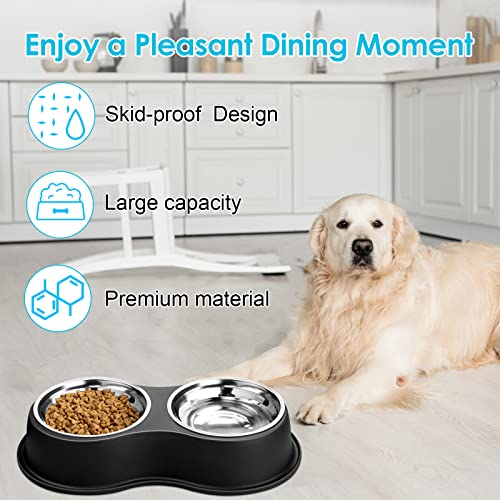 Epetslove Dog Bowls Large Double Dog Water and Food Bowls Stainless Steel Bowls with Non-Slip Resin Station, Pet Feeder Bowls Food Dish for Small Medium Large Dogs Cats - color: 1.Black, size: Large-34oz