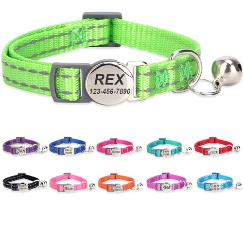 Engraved Personalized Cat Collar,Breakaway Safety Release Buckle,Reflective Kitten Collars with ID Name Tag,Adjustable Nylon Collar with Bell for Small Dogs Puppy Kitten Cat,Grass Green (7.5''-12.0'') - color: Grass Green