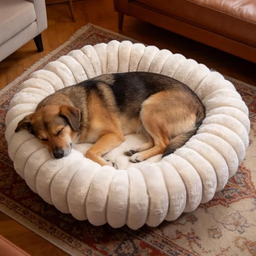 Donut Dog and Cat Bed, Luxurious Comfortable Faux Rabbit Fur Pet Beds, Round Anti-Anxiety Calming Puppy Kitten Bed with Anti-Slip Bottom for Small Medium Dogs & Cats(30", Brown) - color: White, size: L(31*31*8)