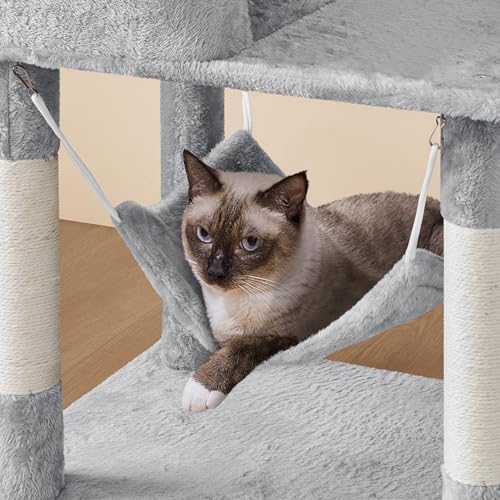 Yaheetech 64.5in Extra Large Multi-Level Cat Tree Kittens Play House Condo with Platform, Perch Hammock & Scratching Posts, Light Gray - color: Light Gray, size: 64.5in