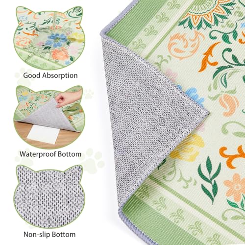 Washable Cat Litter Mat 48"x36" 2Pack with Non-Slip Bottom Waterproof Litter Box Mat Easy to Clean Litter Trapping Mat for Kitty - color: Bean Green Flower, size: 48"x36"-2 Pack