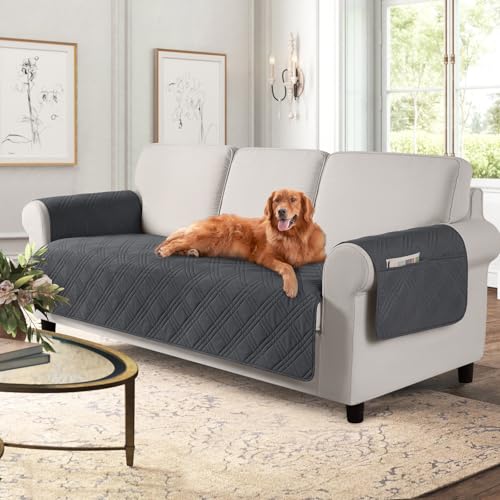 TAOCOCO Waterproof Couch Covers for Pets Dogs with Non Slip Backing, Sofa Seat Covers with Side Pocket for 3 Cushion Couch Washable Dog Couch Cover Protector Sofa Slipcovers(Sofa, Charcoal Gray) - color: Charcoal Gray, size: Sofa(Seat Width: 67.3'')