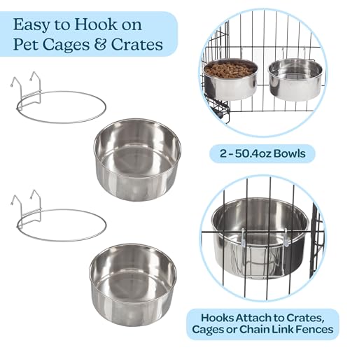 Set of 2 Stainless-Steel Dog Bowls - Cage, Kennel, and Crate Hanging Pet Bowls for Food and Water - 50.4oz or 6.3 Cups Each and Dishwasher Safe by PETMAKER - size: 50oz