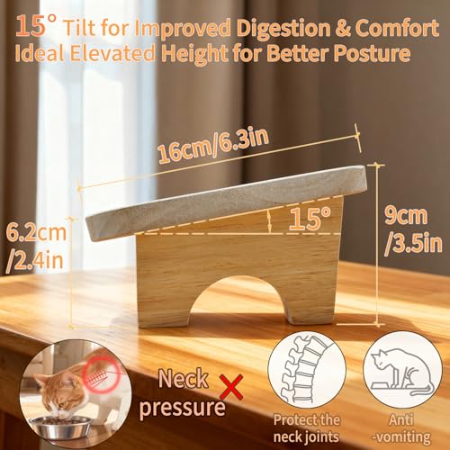 Raised Cat Food Bowls with 15° Tilt & Wood Base – Cat Food and Water Bowl Set, Upgraded Anti-Vomit Feeder Station with 2 Ceramic Dishes for Your Kitten or Puppy, Dishwasher Safe