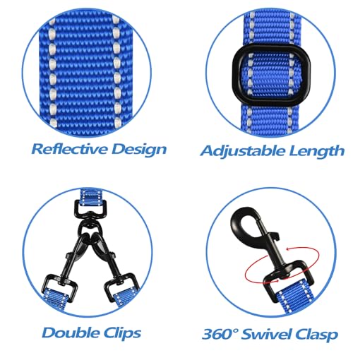 Double Dog Leash, No Tangle Dual Leash, Reflective Walking Training Lead, 4 Comfortable Padded Handles for 2 Dogs with Collapsible Bowl and Waste Bags (Blue, Large) - color: Blue