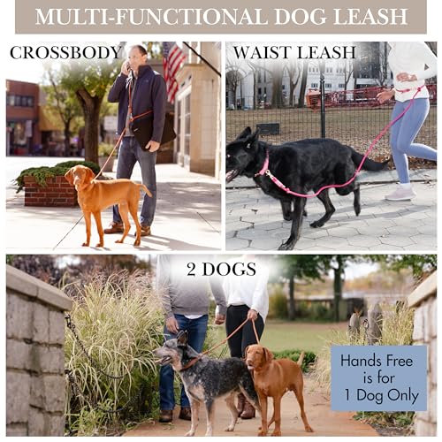 Hands Free Dog Leash, Waist Leash for Dog Walking, Crossbody, Multifunctional, Dog Lead, Running, 2 Dogs, Dual Handle, Dog Training, Adjustable Lead 4.3ft - 7.5ft, 3/8" (10mm) Diameter. - color: Pink