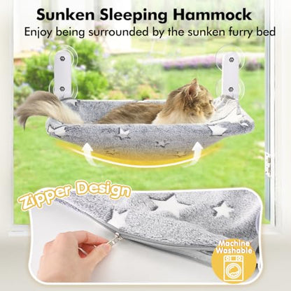 Zoratoo 2PC Cat Window Perch, Glow in The Dark Cordless Foldable Pet Hammock Bed for Window with Sturdy Metal Frame, Glowing Stars Pattern Resting Seat for Indoor Cats (2PC Stars - M)