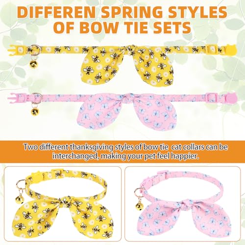 KOOLTAIL Summer Cat Collar Breakaway with Bowtie and Bells, 2 Pack Cute Kitten Collars, Butterfly & Bee Design with Safety Buckle Adjustable for Small Large Cats Boys & Girls - color: Butterfly & Bee