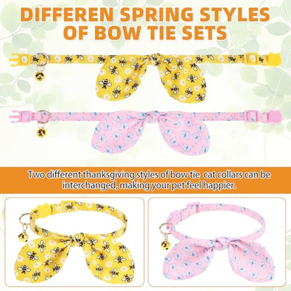 KOOLTAIL Summer Cat Collar Breakaway with Bowtie and Bells, 2 Pack Cute Kitten Collars, Butterfly & Bee Design with Safety Buckle Adjustable for Small Large Cats Boys & Girls - color: Butterfly & Bee