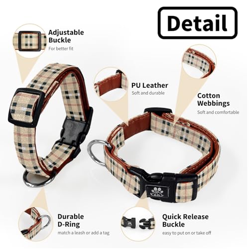 Dog Collar and Leash Set,Soft Neoprene Pet Collar with Quick Release Buckle,Adjustable Nylon Dog Collars for Small Medium Large Dogs(Small,Cherecked Beige) - color: Checkered Beige, size: Small