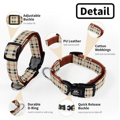 Dog Collar and Leash Set,Soft Neoprene Pet Collar with Quick Release Buckle,Adjustable Nylon Dog Collars for Small Medium Large Dogs(Large,Cherecked Beige) - color: Checkered Beige, size: Large