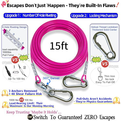 TOPKNOT Dog Tie Out Cable and Stake,(up to 200lbs) 15FT Heavy Duty Cable,360°Swivel Run Anchor- No Tangle,Dog Runner for Yard,Ideal for Outdoor Camping - size: dog stake+ violet 15ft/200lbs