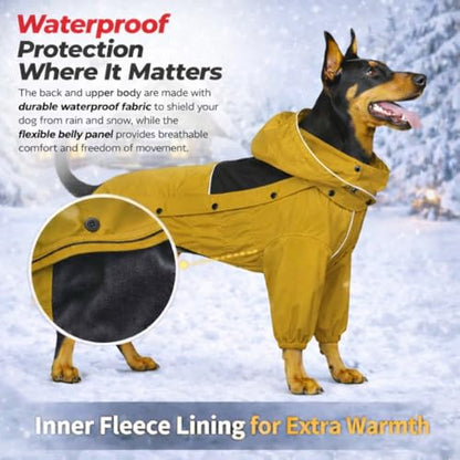 LOVELONGLONG Fleece-Lined Dog Raincoat with Removable Hood – Waterproof Winter Full Body Dog Jacket – Windproof Snowproof Cold-Weather Suit – Yellow-F XXS - color: Mustard Yellow Fleeced, size: XXS (Back 9")
