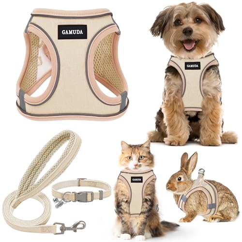 Small Pet Harness Collar and Leash Set, Step in No Chock No Pull Linen Fabric Soft Mesh Dog Vest Harnesses Reflective for Dogs Puppy Cats Kitten Rabbit (Khaki, S) - color: Khaki, size: Small