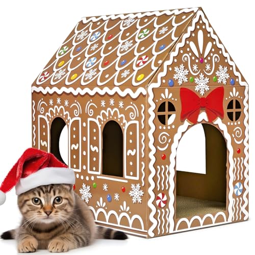 Cinrobiye Christmas Cardboard Cat House with Scratcher Pet Gingerbread Board Bed Cave Playhouse Hideaway Hideout Condo Decor Small Animals Scratch Box for Indoor Cats Kittens Rabbits Bunny (Brown, 1) - color: Brown
