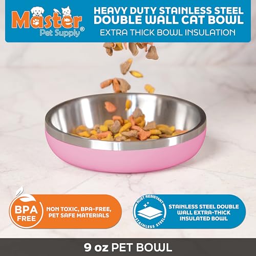 Master Pet Supply Stainless Steel Cat Bowls - 9 oz Heavy Duty - Hyper Pink, Double Wall Extra-Thick Insulated, Non-Slip Pet Water Bowl for Cats & Pets, Anti Rust Metal, Dishwasher Safe - color: Hyper Pink