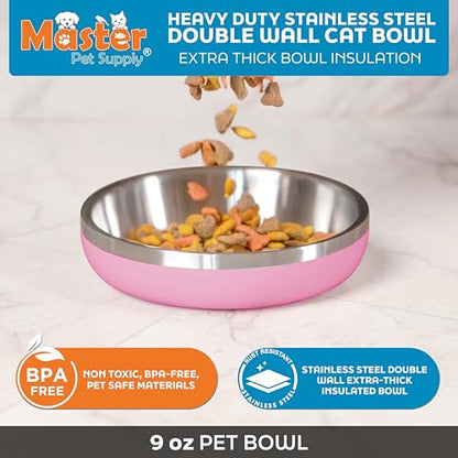 Master Pet Supply Stainless Steel Cat Bowls - 9 oz Heavy Duty - Hyper Pink, Double Wall Extra-Thick Insulated, Non-Slip Pet Water Bowl for Cats & Pets, Anti Rust Metal, Dishwasher Safe - color: Hyper Pink