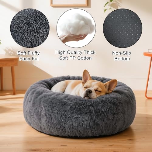Dog Calming Beds for Small Medium Large Dogs - Round Donut Washable Puppy Dog Bed, Anti-Slip Faux Fur Fluffy Donut Cuddle Anxiety Cat Pet Bed(20" Dark Grey) - color: Dark Grey, size: 20"L x 20"W x 8"Th