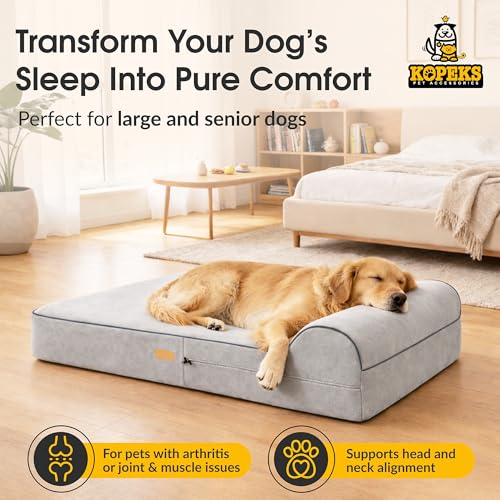 KOPEKS Orthopedic Memory Foam Dog Bed 7" Inch Thick Extra Large Dog Bed With Pillow Grey 50"x34"x10" Includes Waterproof Liner & Durable Removable Cover With Smart Design - color: Grey
