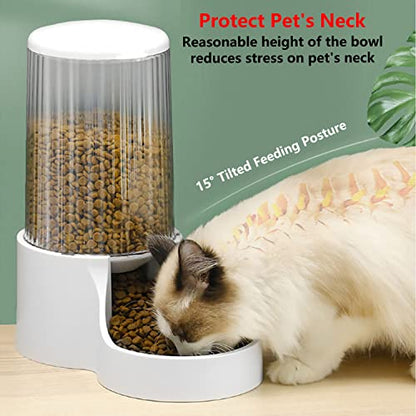 Automatic Cat Feeder, 3.8L Large Gravity Cat Food Dispenser with Detachable Top Lid, Visible Bottle and Stainless Steel Bowl for Pets (White) - color: White