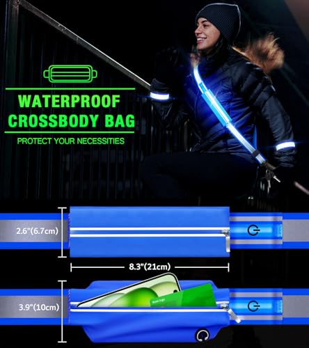 Ylzzrs LED Belt Reflective Sash for Walking at Night,High Visibility Adjustable Night Running Safety Gear,Light Up Running Belt Reflective Gear with Phone Bag/Armband for Runners Walkers Men Women - color: Blue