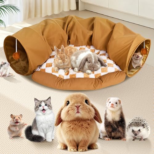 Spardar Bunny Tunnel Bed, 2-in-1 Collapsible Tunnel Tubes Toys, Washable, with Removable Mat Hideout, Interactive Toys for Rabbits Chinchilla Hedgehog Guinea Pigs Kitty, Khaki - color: Khaki