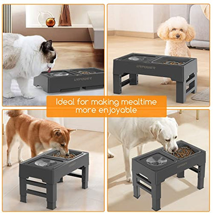 URPOWER 2-in-1 Elevated Slow Feeder Dog Bowls with No-Spill Water Bowl, 4 Height-Adjustable Raised Dog Bowls, Non-Slip Food and Water Bowls with Stand for Small, Medium, Large Dogs, Cats and Pets - color: Grey, size: Slow Feeder